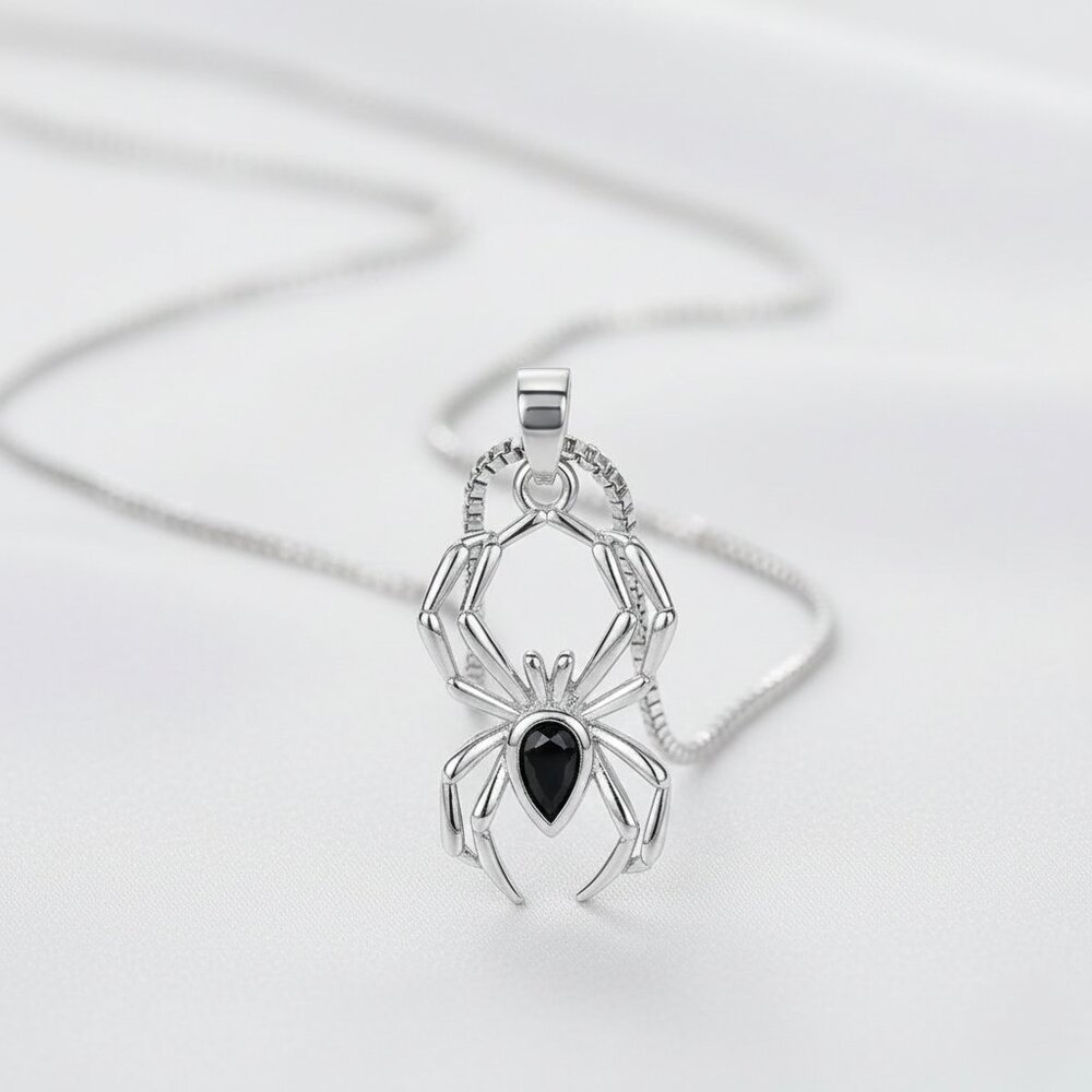 Silver Spider Pendant with Simulated Black Zircon Stone Fashion Necklace NWOT - Picture 4 of 5